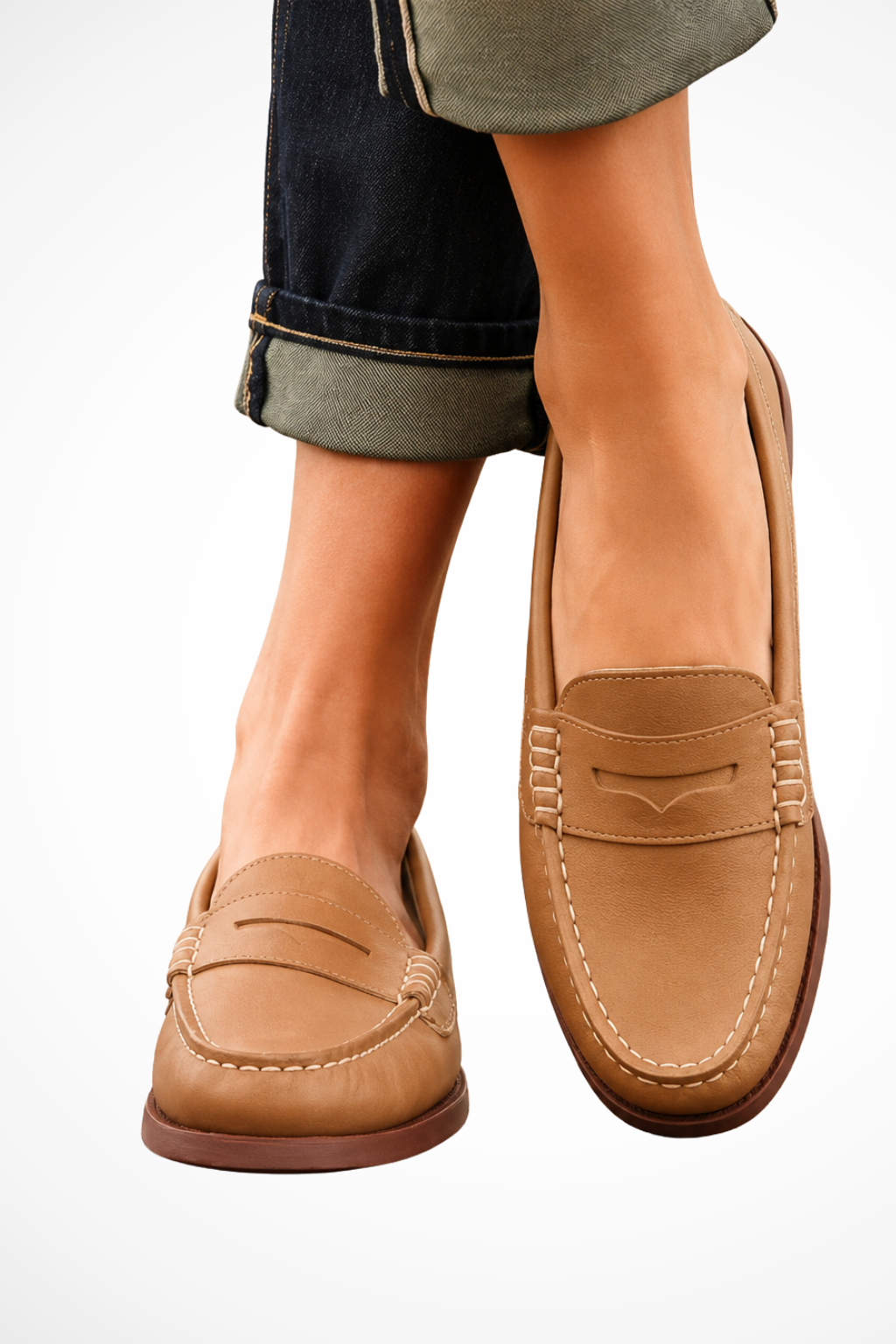Leather penny strap loafers in tan, slip-on with stitched vamp and penny strap detail