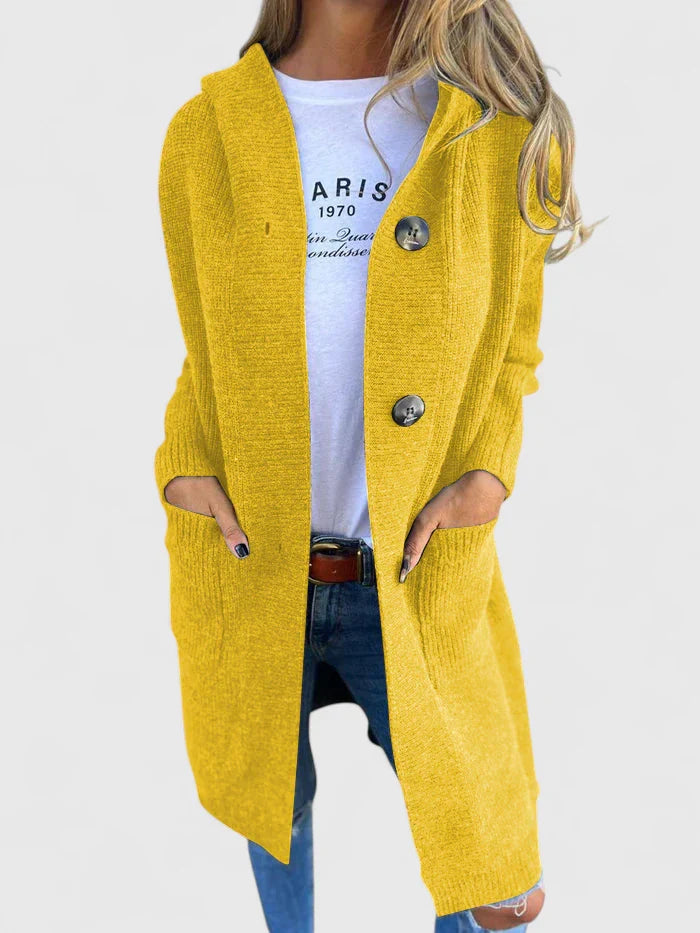 Mustard yellow longline cardigan with button front, patch pockets, relaxed fit