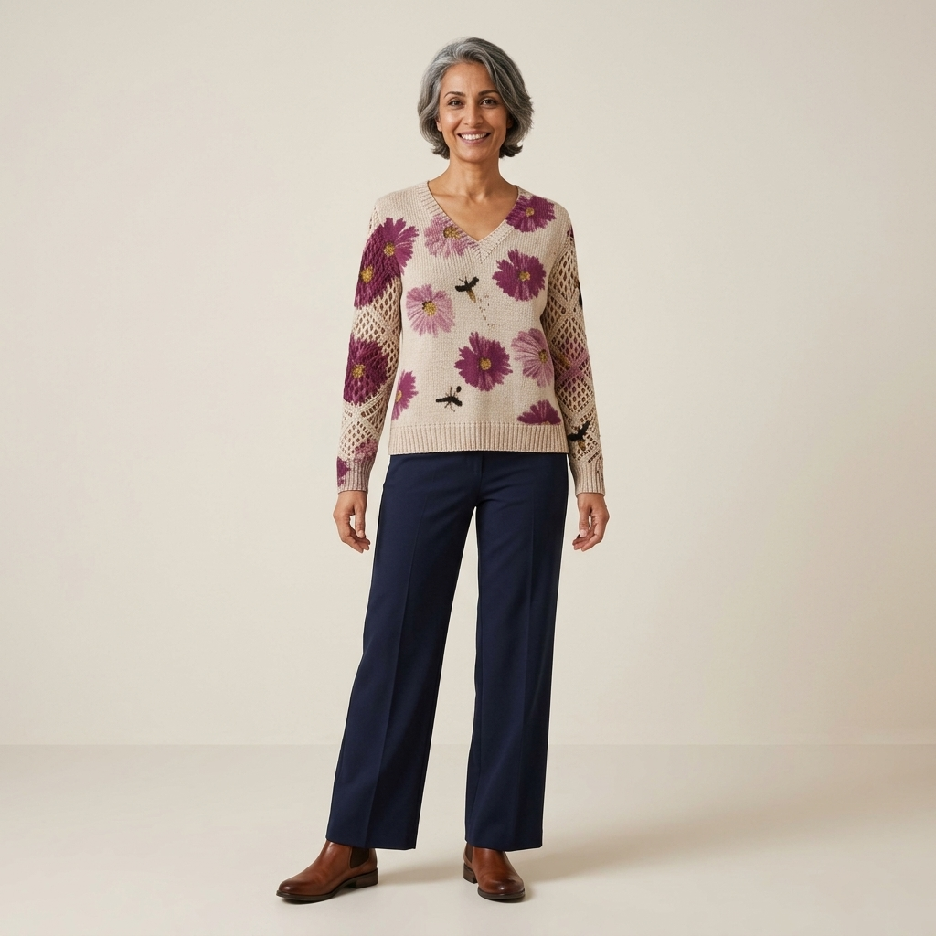 Floral knit cardigan with V-neck and long sleeves, light beige with purple flowers