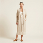 Beige longline button knit cardigan with long sleeves and open front