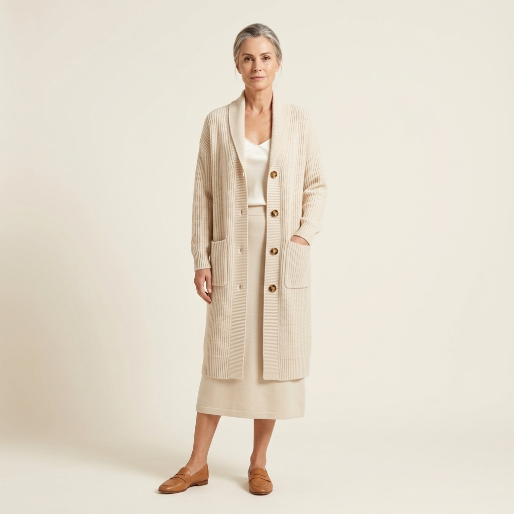 Beige longline button knit cardigan with long sleeves and open front