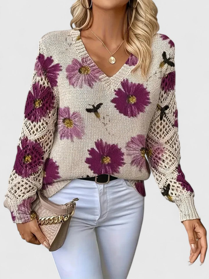 Floral knit cardigan with purple and yellow flowers, V-neck and crochet-style sleeve panels