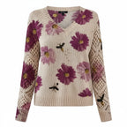 Floral knit cardigan with cream and purple flower pattern, V-neck and open crochet sleeves