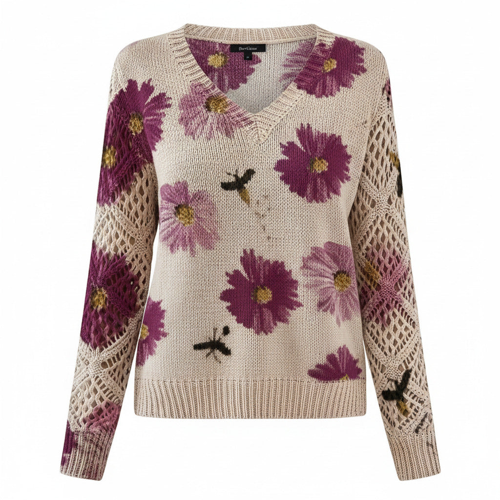 Floral knit cardigan with cream and purple flower pattern, V-neck and open crochet sleeves