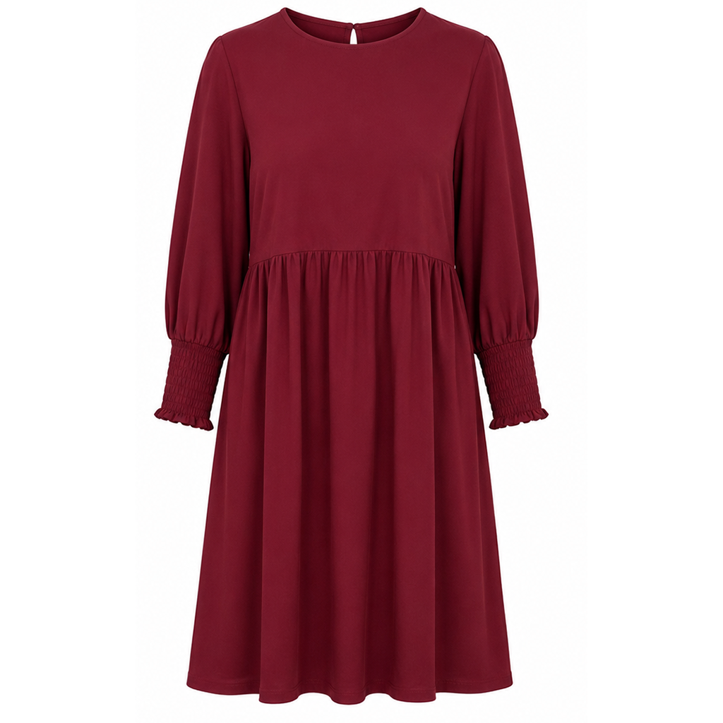 Burgundy long sleeve mini dress with smocked cuffs and gathered skirt hem