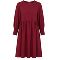 Burgundy long sleeve mini dress with smocked cuffs and gathered skirt hem
