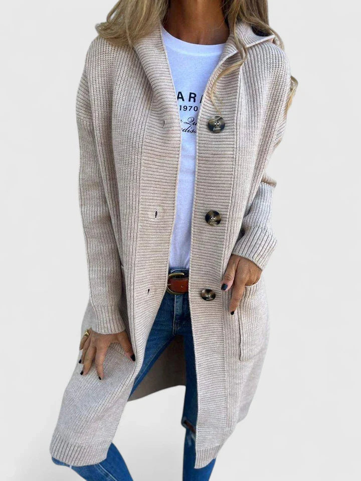 Longline knit cardigan with ribbed cuffs and hem, front button closure, beige