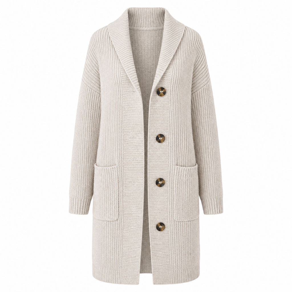 Cream longline knit cardigan with shawl collar, button front and patch pockets