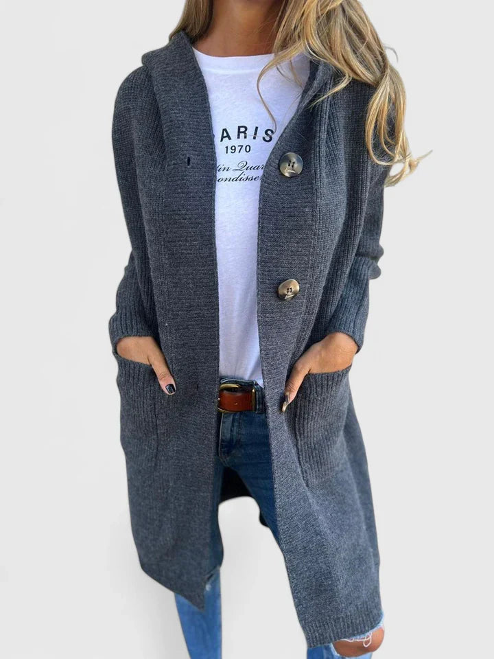 Longline knit cardigan with front buttons and ribbed cuffs, dark gray