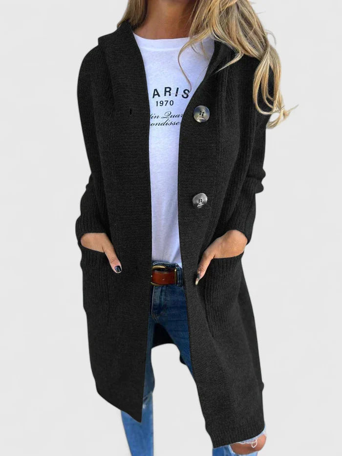 Longline knit cardigan with front buttons and ribbed cuffs, black