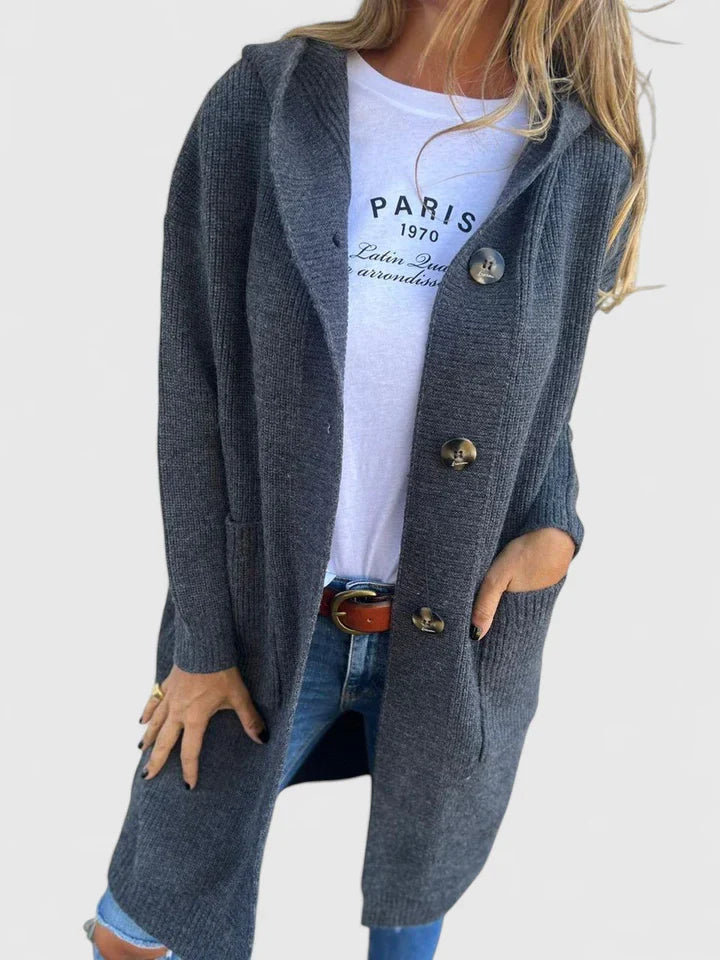 Longline knit cardigan with button front and ribbed cuffs, slate gray