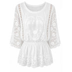 Women's white peplum blouse, sheer long lace sleeves, floral embroidery, scalloped hem