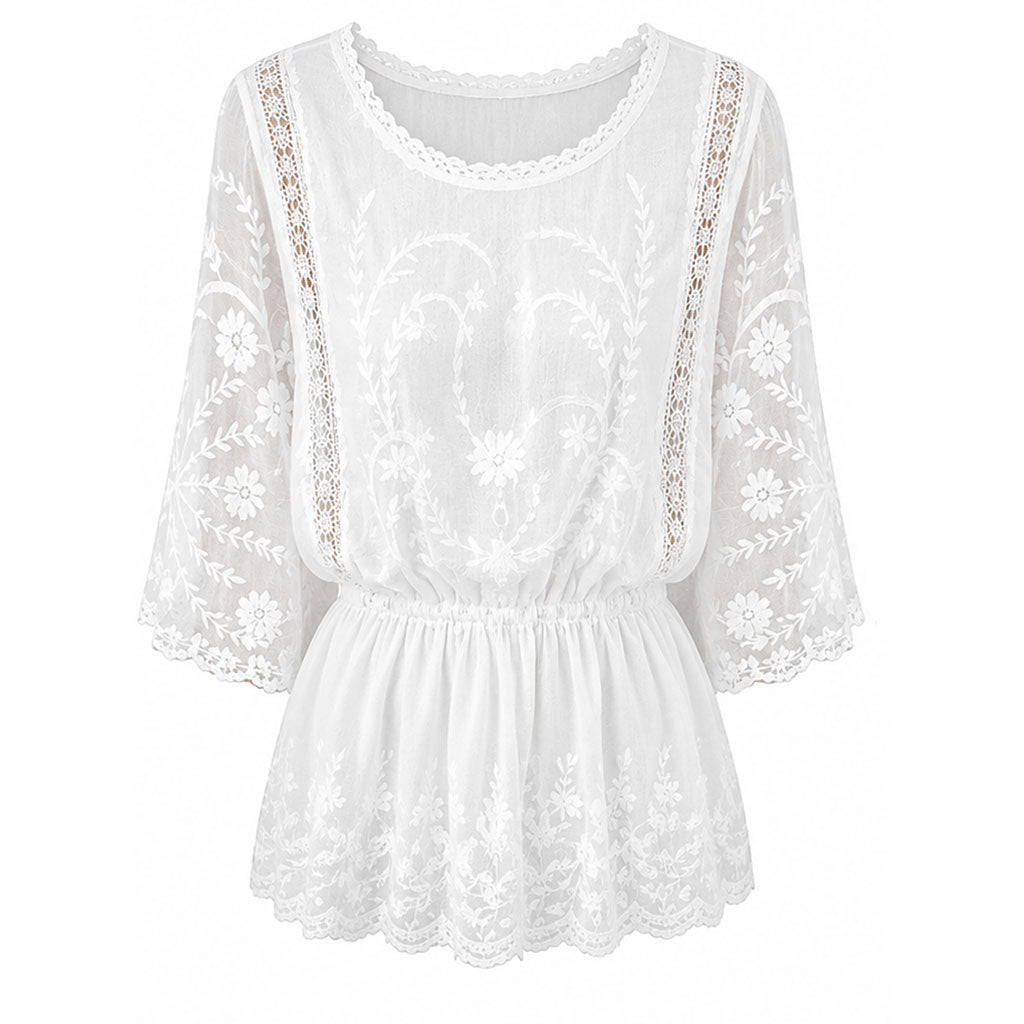 Women's white peplum blouse, sheer long lace sleeves, floral embroidery, scalloped hem