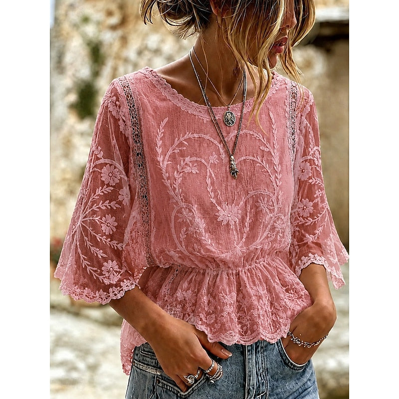 Pink lace-embroidered peplum blouse with sheer lace sleeves and V-neck