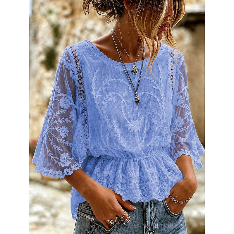 Blue lace-embroidered peplum blouse with floral lace sleeves and V-neck