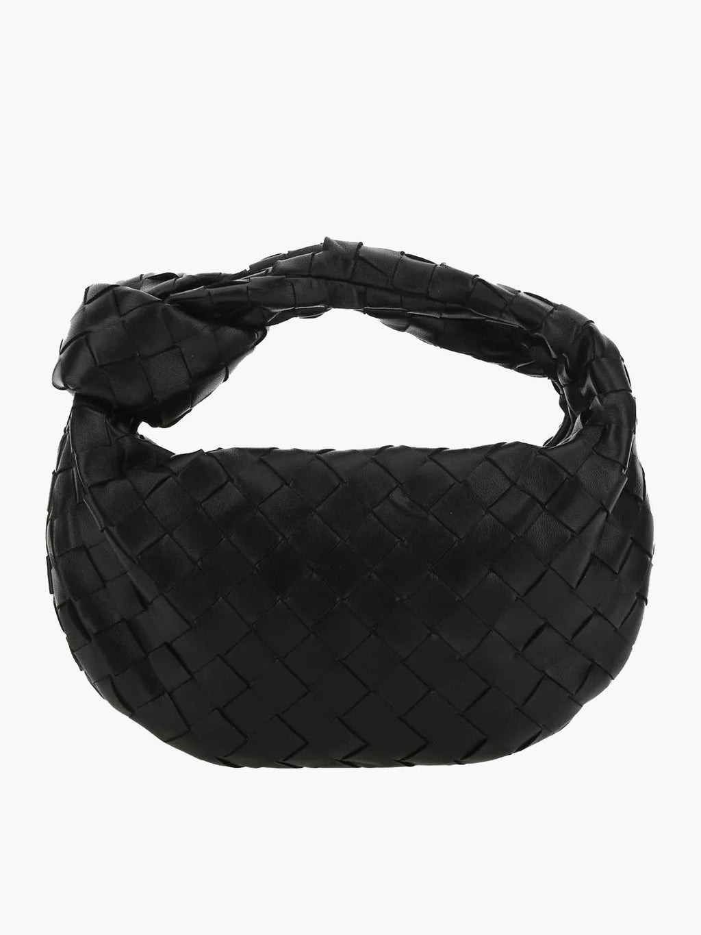 Black braided vegan leather crossbody bag with woven pattern and loop handle.