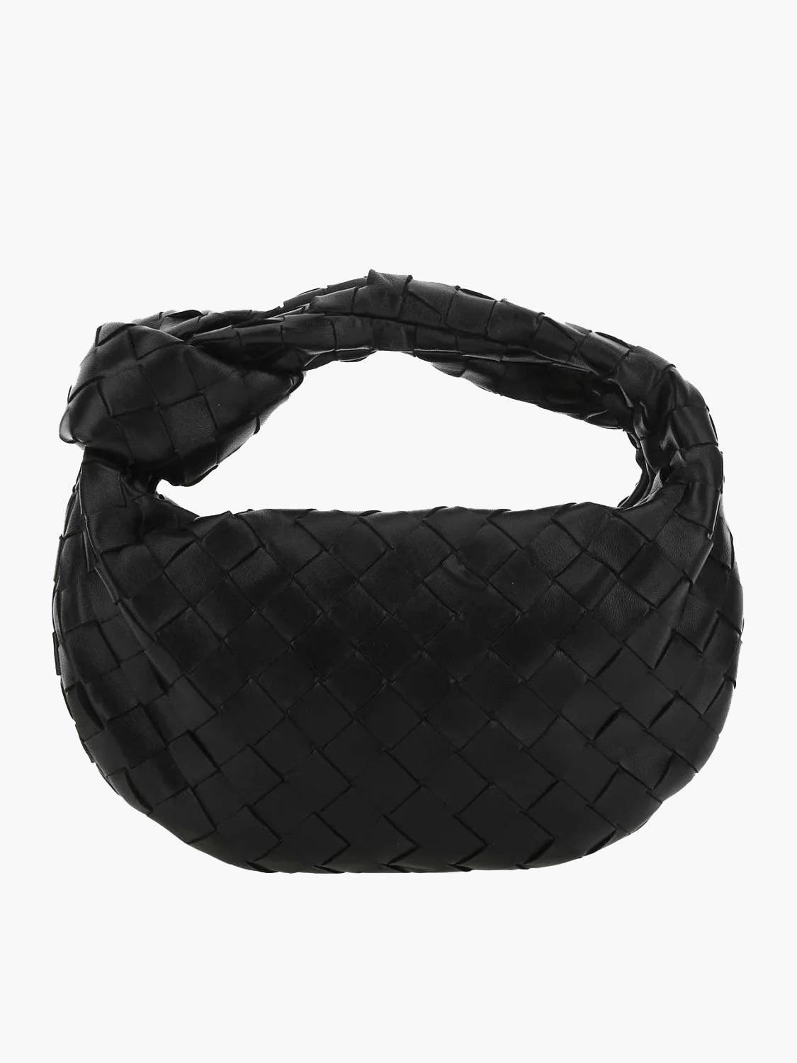 Black braided vegan leather crossbody bag with woven pattern and loop handle.