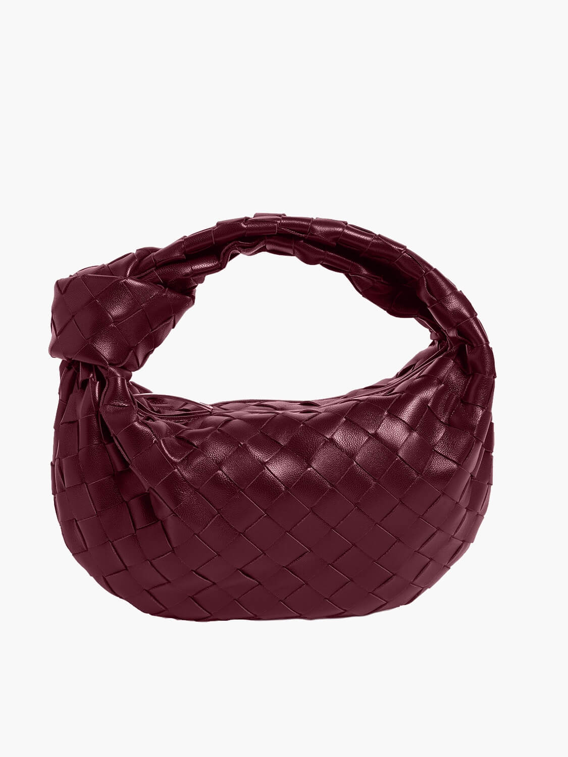 Wine red braided crossbody bag with woven hobo-style design and short top handle