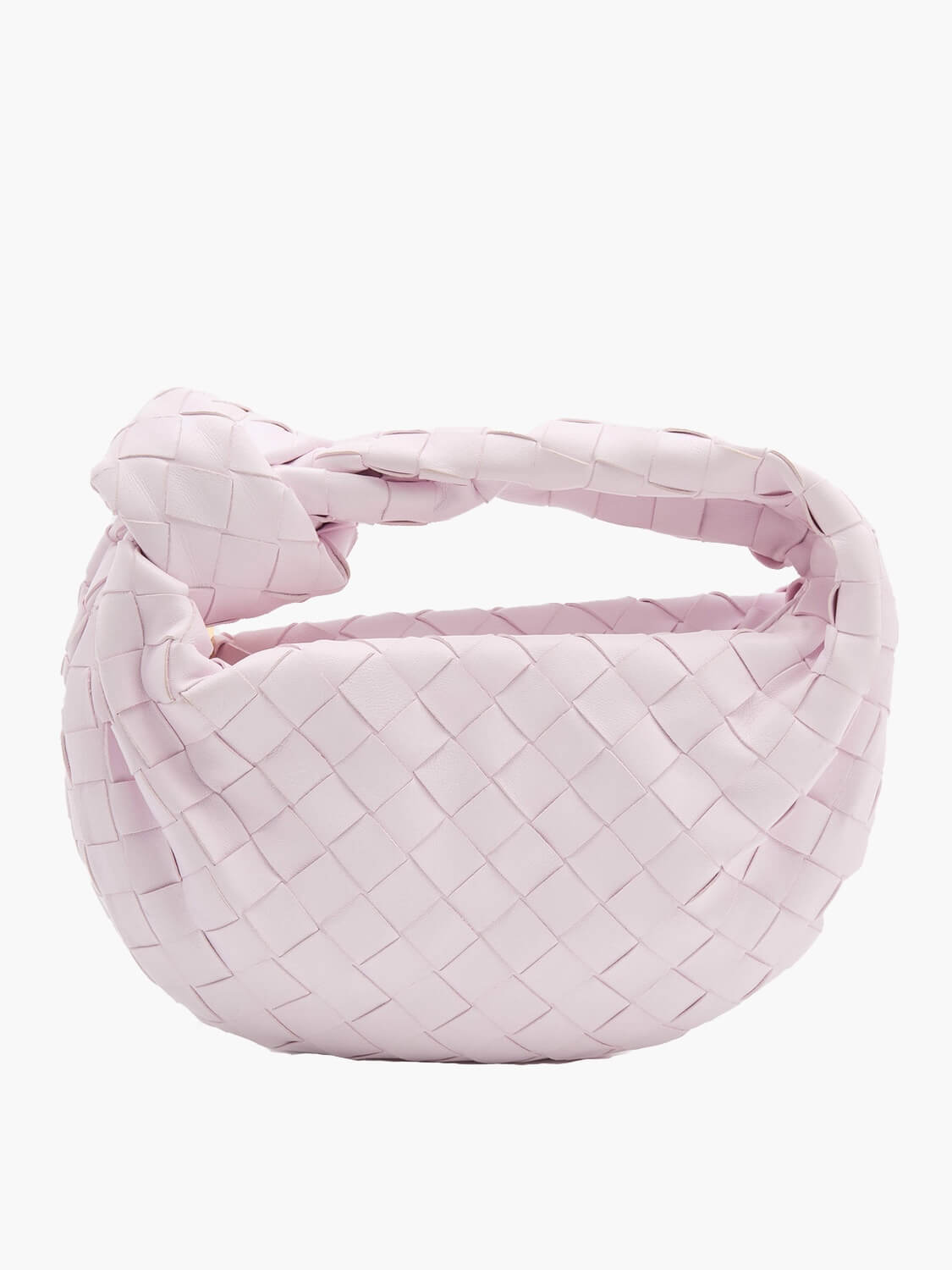 Light pink braided crossbody bag with woven hobo-style body and short top handle