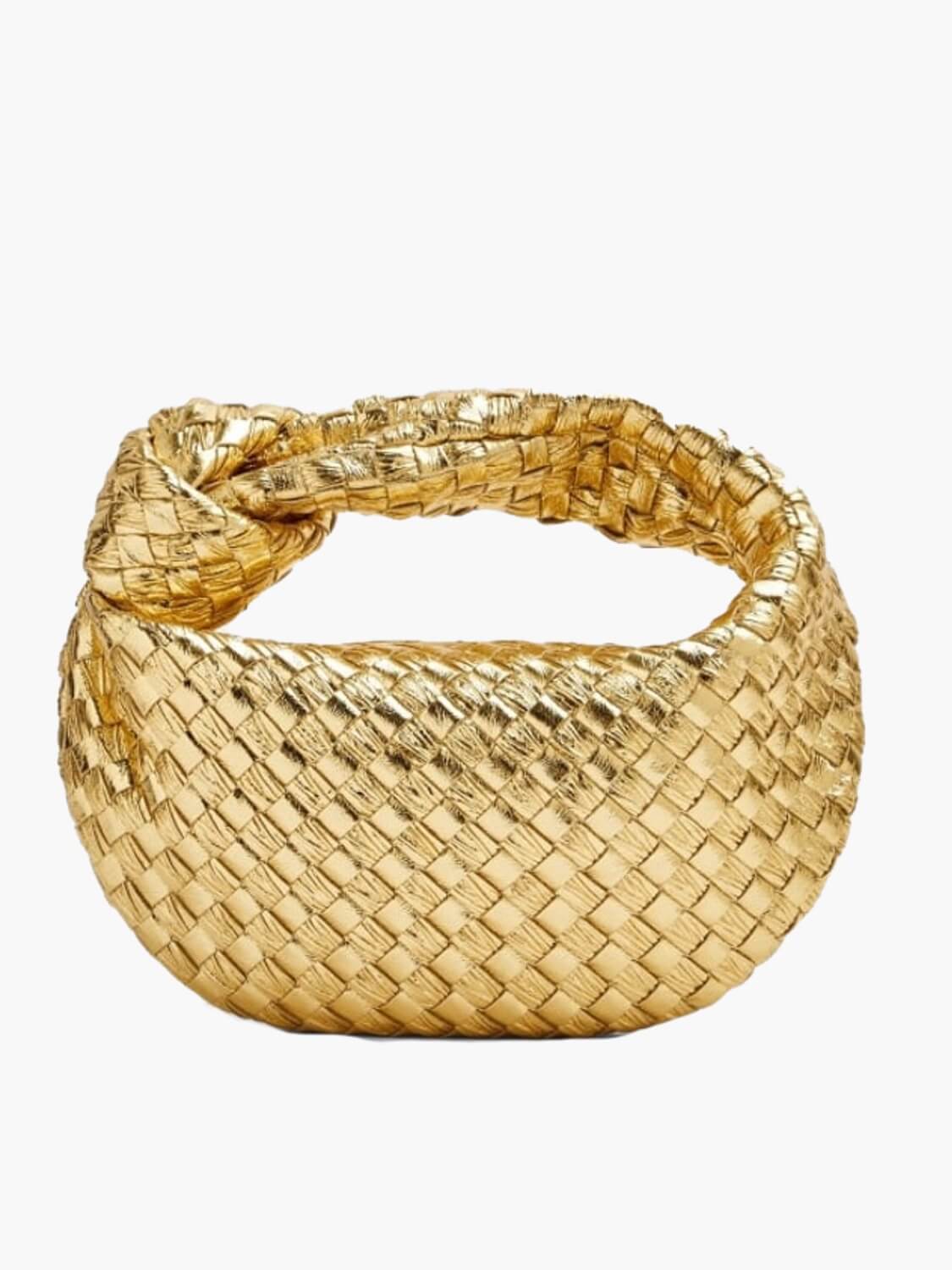 Gold braided crossbody bag with woven hobo-style design and short top handle