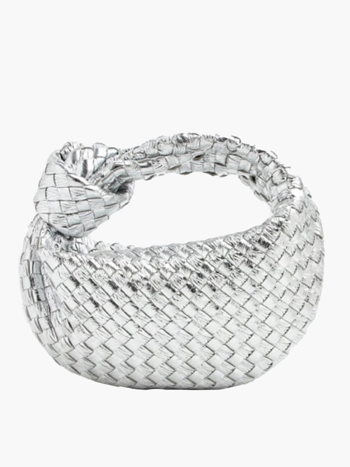 Silver braided crossbody bag with woven hobo-style body and short top handle