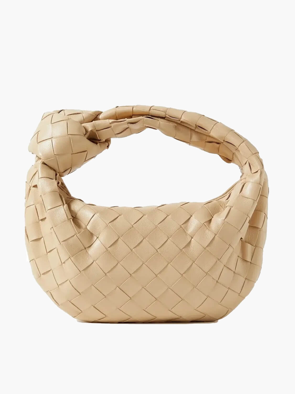 Light beige braided crossbody bag with woven hobo-style design and short top handle