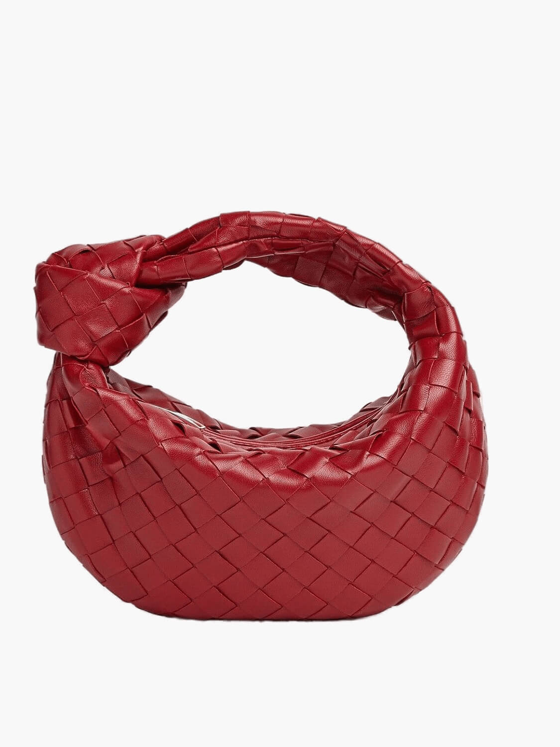 Red braided crossbody bag with woven hobo-style body and short top handle