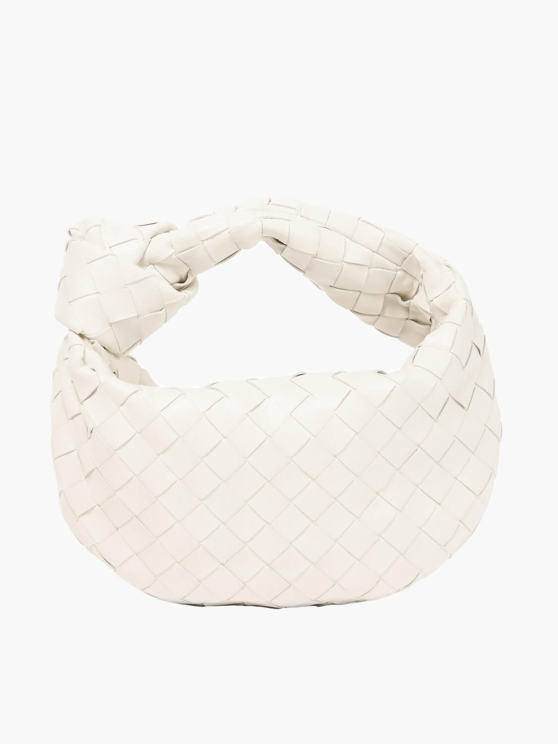 White braided crossbody bag with woven hobo-style design and short top handle