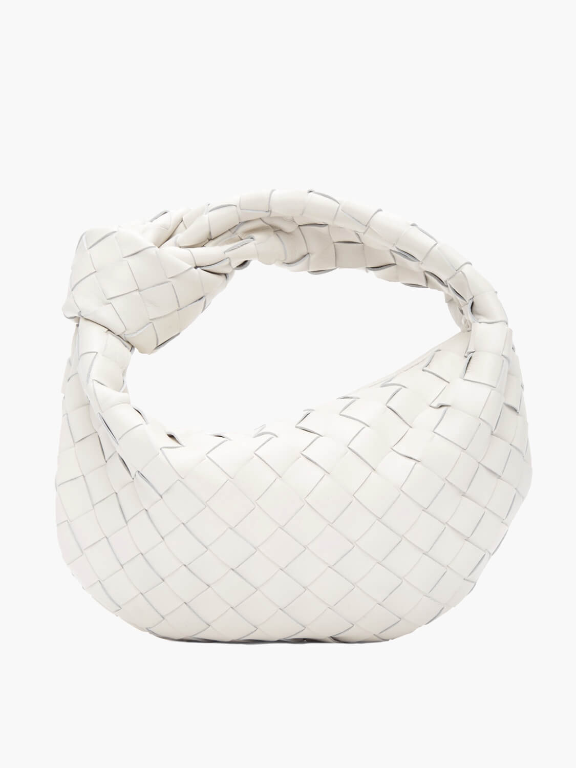 White braided crossbody bag with woven texture and curved handle
