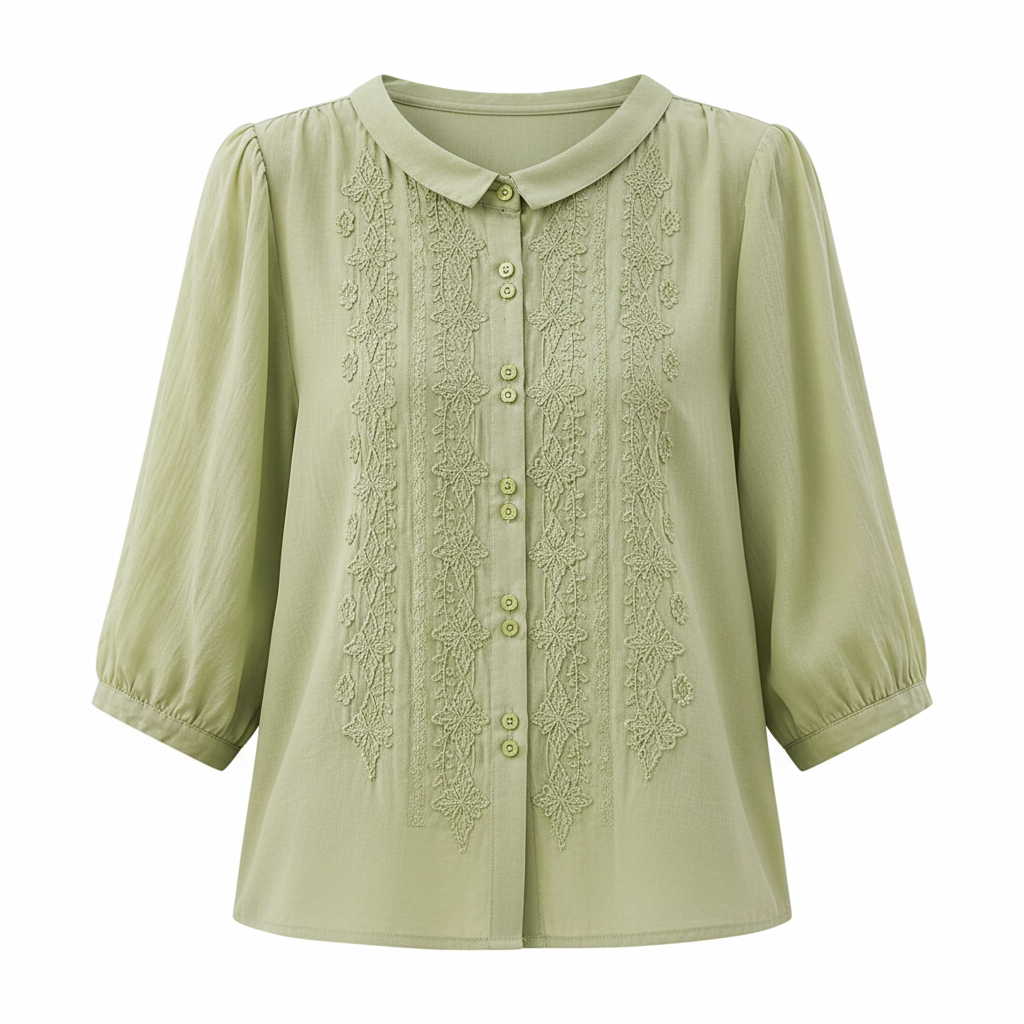 Embroidered Peter Pan collar blouse, light green with button front and 3/4 sleeves