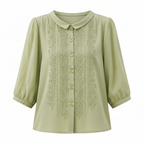 Embroidered Peter Pan collar blouse, light green with button front and 3/4 sleeves
