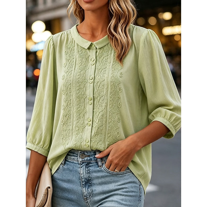 Light green embroidered blouse with peter pan collar, vertical button placket, 3/4 puff sleeves