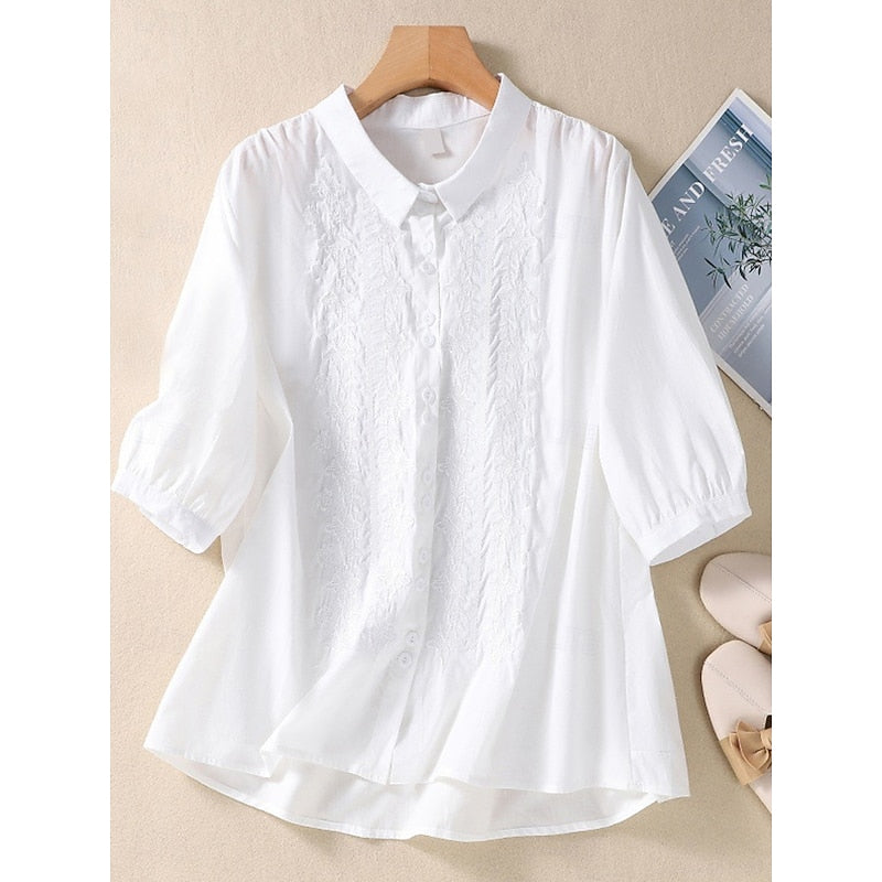 White embroidered blouse with peter pan collar and button-front, 3/4 puff sleeves