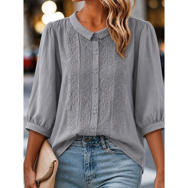 Grey embroidered blouse with peter pan collar and button-front, gathered 3/4 puff sleeves