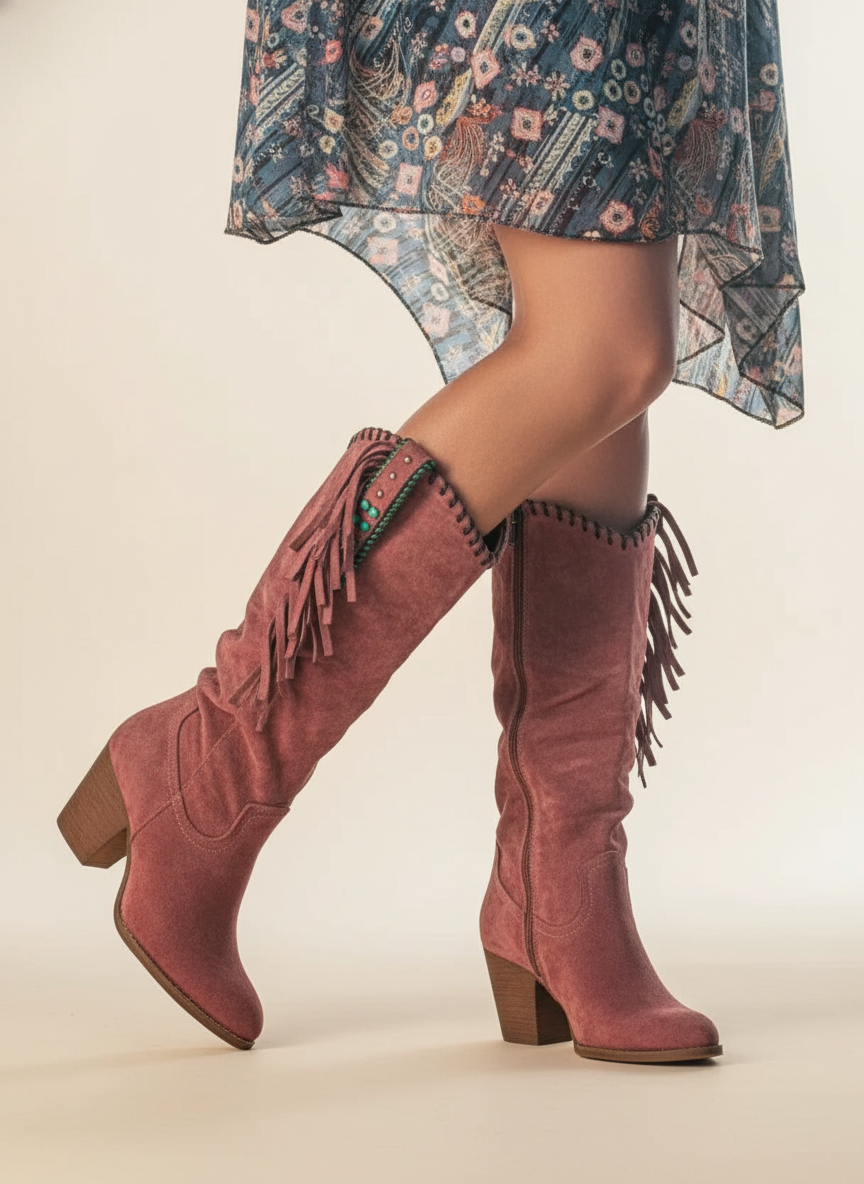 Women’s orthopedic cowboy boots in purple suede with fringe, side zipper, and stud strap detail