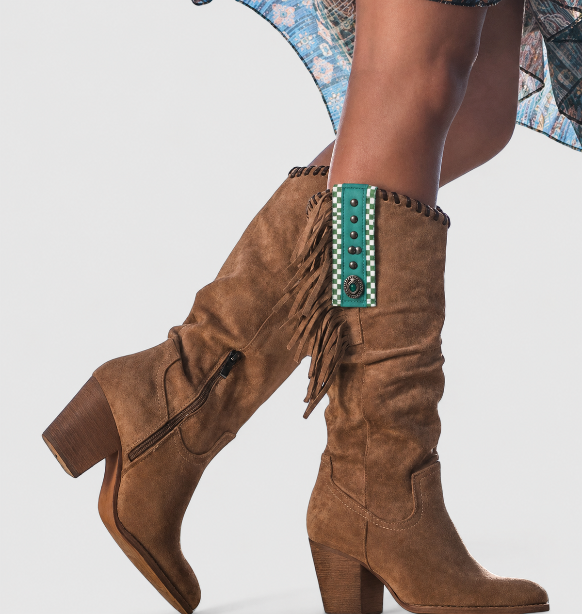 Women’s orthopedic cowboy boots in brown suede with fringe tassels, side zipper, and stacked heel