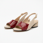 Women’s leather slide sandals, red croc-embossed upper, white strap, block heel