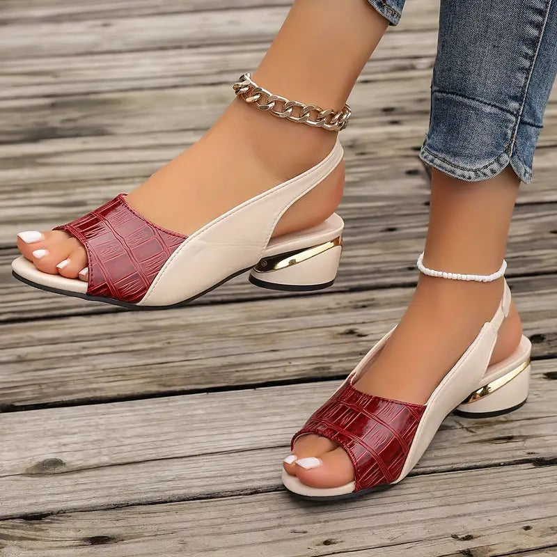 Women’s red croc-embossed leather slide sandals with white strap and gold chain