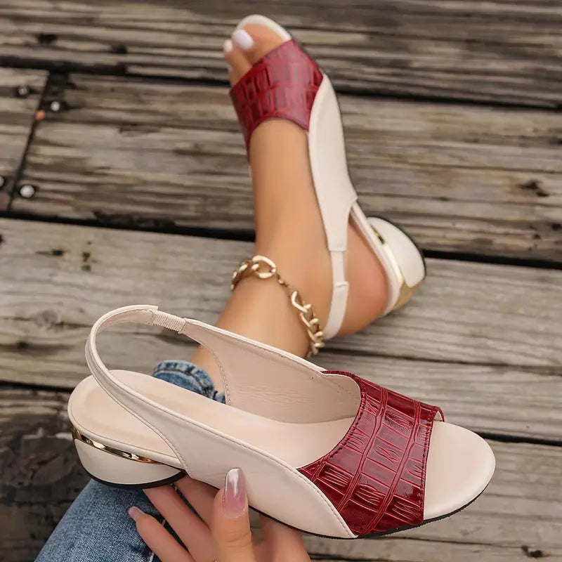 Women’s red croc-embossed leather slide sandals with slingback strap and block heel