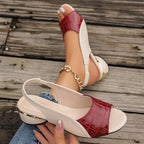 Women’s red croc-embossed leather slide sandals with slingback strap and block heel