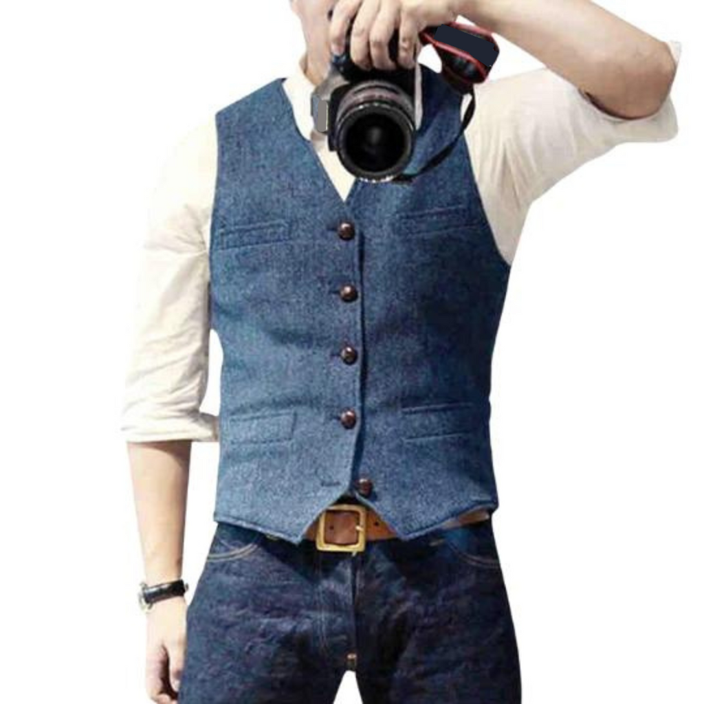 Men's blue sleeveless vest with V-neck and dark brown button front, two flap pockets