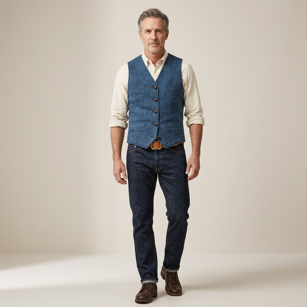 Men's blue sleeveless button-front vest with V-neck and welt pockets