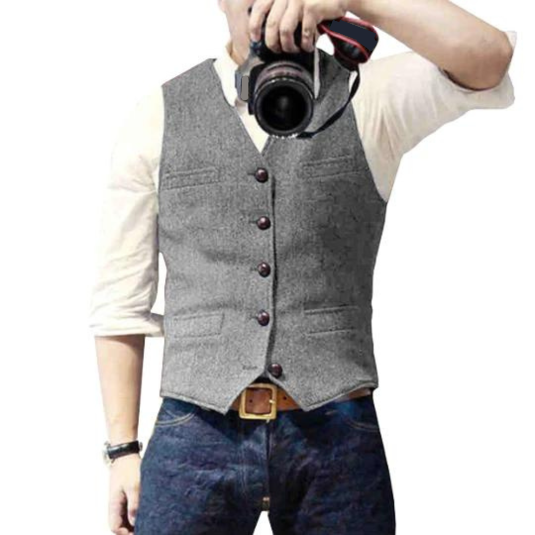 Men's elegant vest, gray sleeveless with button front and patch pockets