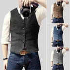 Men's sleeveless vest in gray or blue with V-neck and button front, worn over a shirt