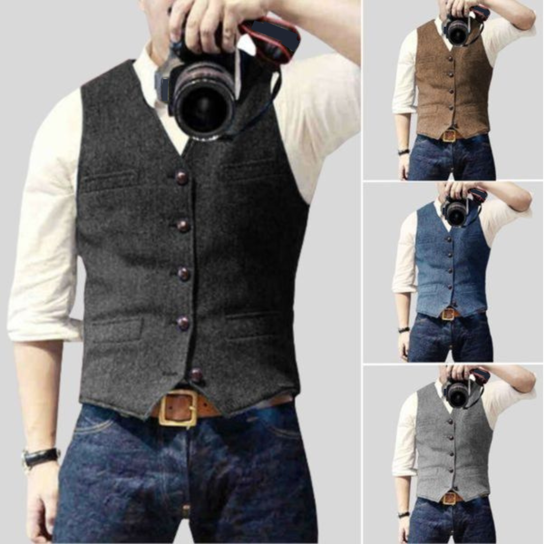 Men's sleeveless vest in gray or blue with V-neck and button front, worn over a shirt