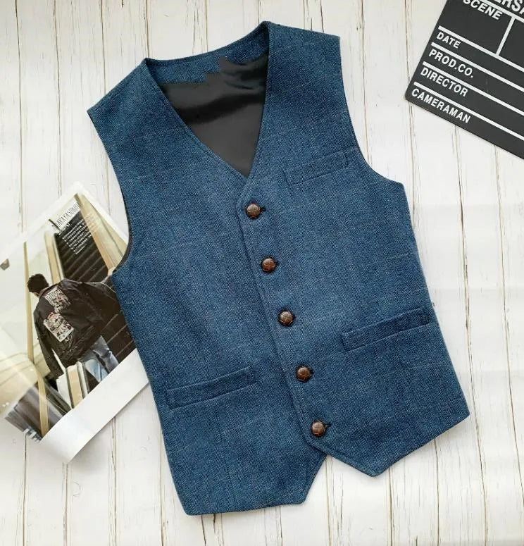 Men's blue sleeveless vest flat lay, V-neck with dark buttons and flap pockets