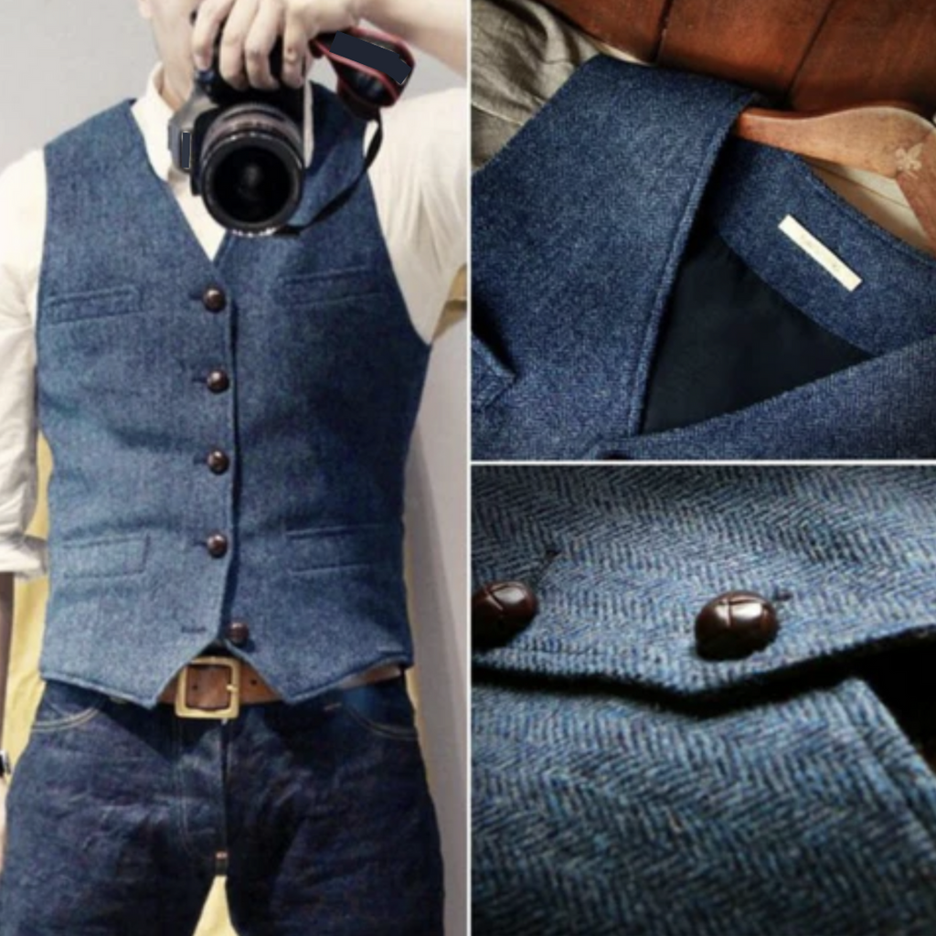 Men's blue sleeveless vest with V-neck, brown buttons, and inner waistband pocket detail