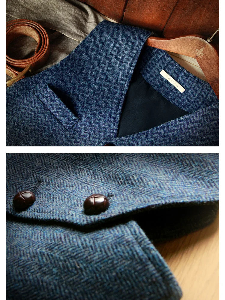 Blue sleeveless vest fabric close-up with brown button details and textured weave