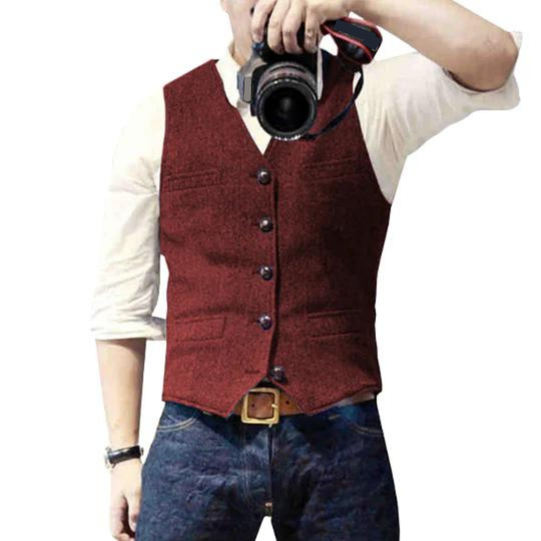 Men's burgundy sleeveless vest with V-neck and dark buttons, flap pockets at chest and waist