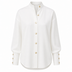 White high-neck long-sleeve button-front blouse with wide cuffs and gold buttons